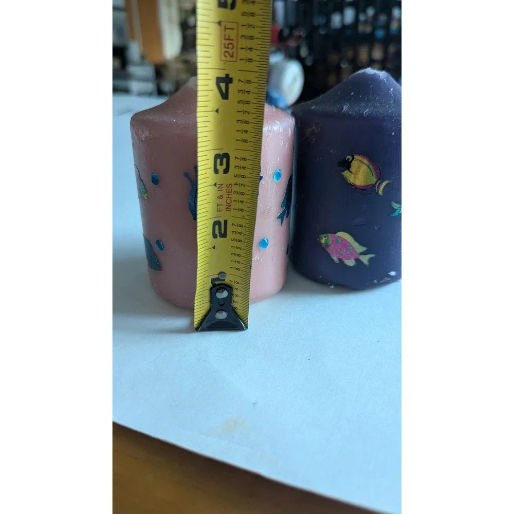 Vintage Tropical Fish Pillar Candles Pink Purple Nautical Decor Set of 2